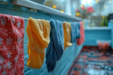 Vibrant towels are hung to dry on a rustic blue balcony railing, with hints of a cozy outdoor living space