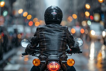 Back view of a motorcyclist cruising in rain at night with city lights reflecting on wet surfaces