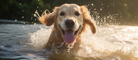 In the water, a dog joyfully swims with its tongue sticking out - obrazy, fototapety, plakaty