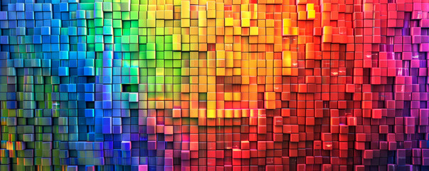 A wallpaper featuring squares of different colors arranged in a rainbow pattern, adding a vibrant and dynamic touch to any room. Banner. Copy space - obrazy, fototapety, plakaty