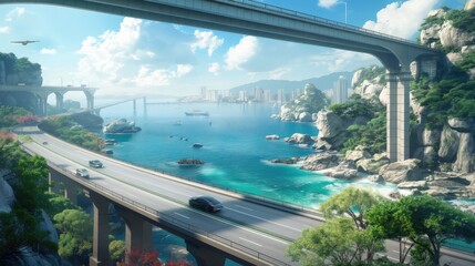 cars traverse elevated bridges against the picturesque backdrop of the Chinese seaside, offering a glimpse into the dynamic urban landscape.