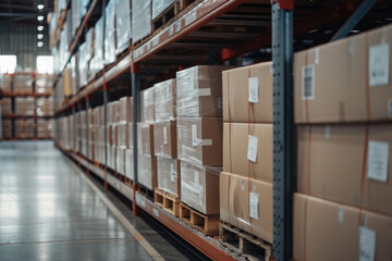 Warehouse with cardboard boxes on shelves background. Logistic commercial storage interior retail goods supply. Storehouse for packages distribution, industrial merchandise, sorting and delivery.
