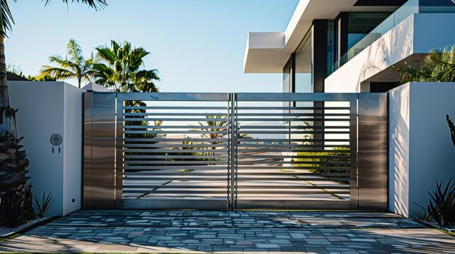 An upscale modern gate entrance with sleek lines, minimalistic design, and high-quality materials like stainless steel and glass for a contemporary and luxurious look.