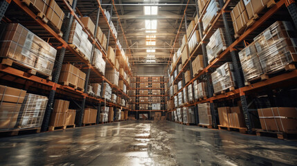 Warehouse with cardboard boxes on shelves background. Logistic commercial storage interior retail goods supply. Storehouse for packages distribution, industrial merchandise, sorting and delivery.