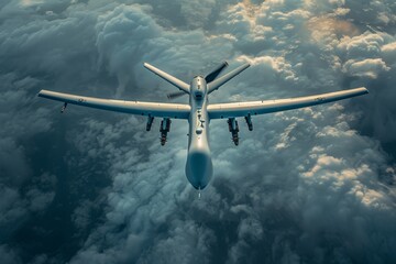 A military unmanned aerial vehicle UAV patrols flying over the clouds - obrazy, fototapety, plakaty