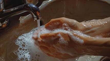 Fototapeta premium the hands of a young lady meticulously wash with soap at the sink, captured vividly in a detailed photograph that brings the moment to life.