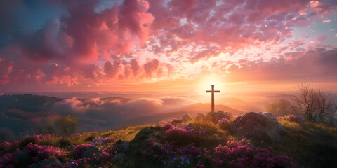 An Easter cross on a dawn background symbolizing the celebration of the resurrection of Jesus Christ. - obrazy, fototapety, plakaty
