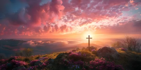 Fotobehang An Easter cross on a dawn background symbolizing the celebration of the resurrection of Jesus Christ. © Jhon