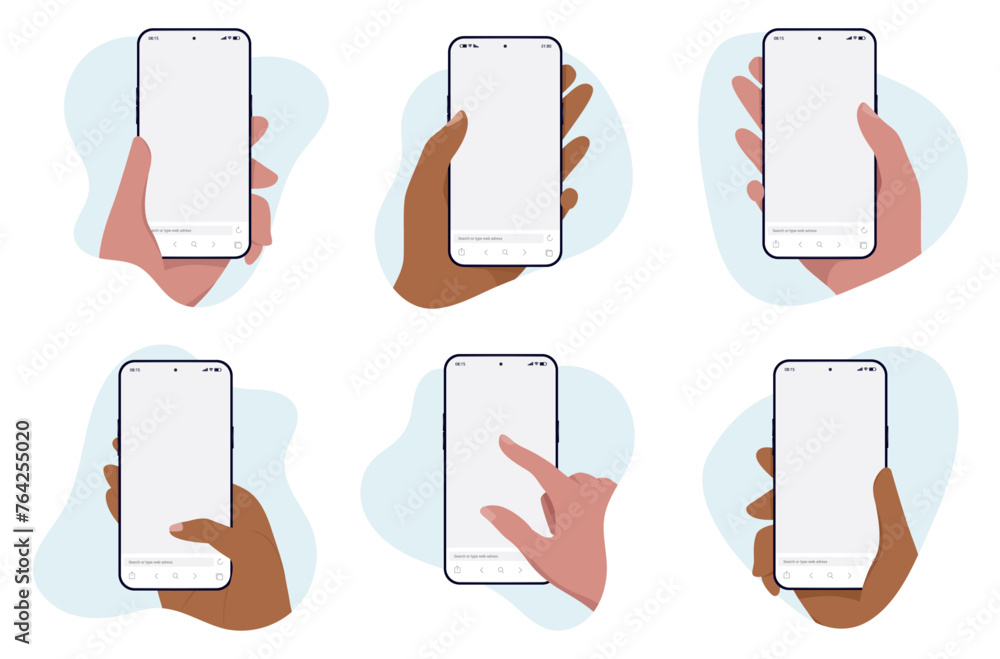 Leinwandbilder Hand holding phone vector mockups - Template illustration of mobile phones in diverse hands using smartphones with blank empty screen in flat design front view design graphic