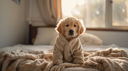Obraz premium two month old beige golden retriever puppy sitting on the bed, wearing pajamas, emitting a smiley face on an adorable sunny morning.