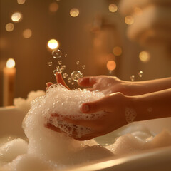 Fototapeta premium Serene Hands, Relaxing Bubble Bath, Candlelight Ambiance with Copy Space