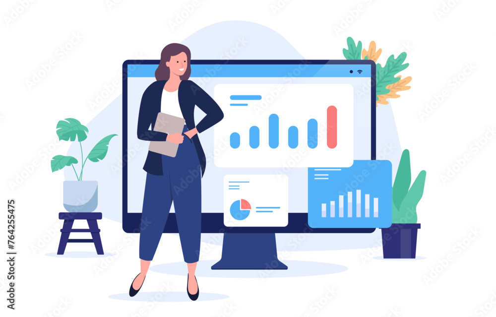 Leinwandbilder businesswoman with chart - professional woman standing in front of computer screen with diagram and 