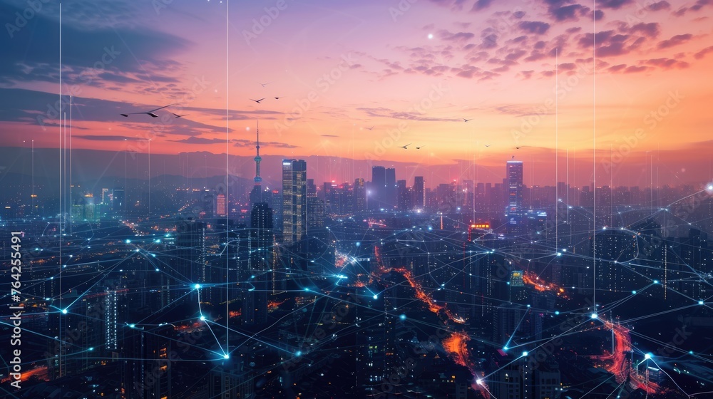 Poster smart city with connecting network and internet of things digital graphics over the skyline aig41