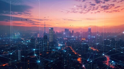 Smart city with connecting network and internet of things digital graphics over the skyline AIG41 - obrazy, fototapety, plakaty