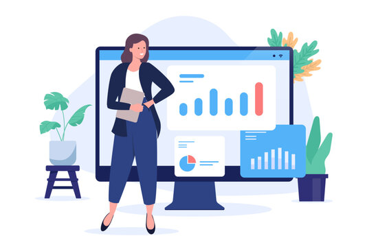 Businesswoman with chart - Professional woman standing in front of computer screen with diagram and graphs in office smiling. Business advisor and expert concept in flat design vector illustration