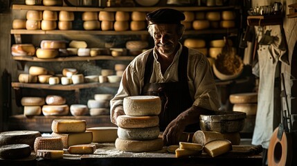 Italian cheese maker with his stacks of made - obrazy, fototapety, plakaty