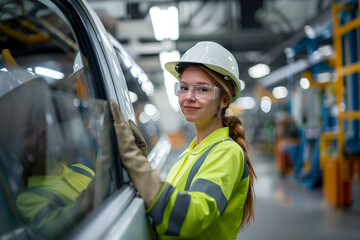 Young woman in industrial setting, donning helmet, exuding professional and dedication, engineer or mechanic, A woman in safety vest is standing in a factory. wearing hard hat and safety glasses