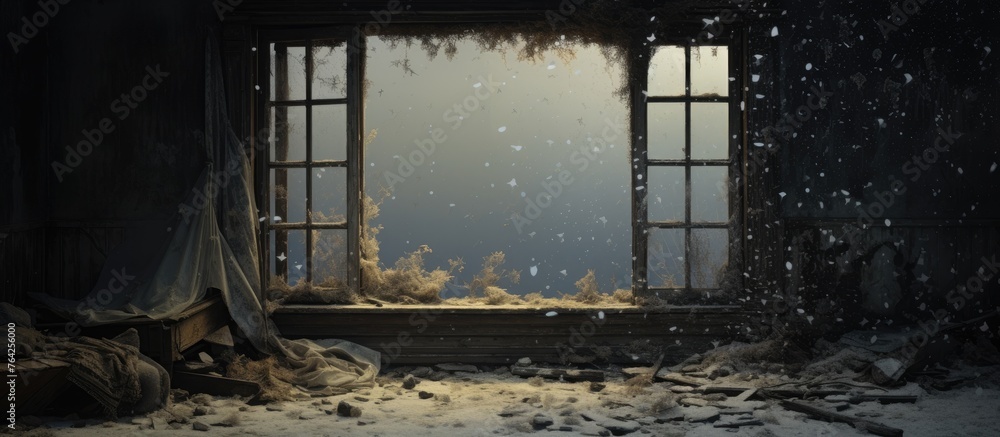 Poster capture of a window adorned with a curtain overlooking a neatly made bed in a cozy room