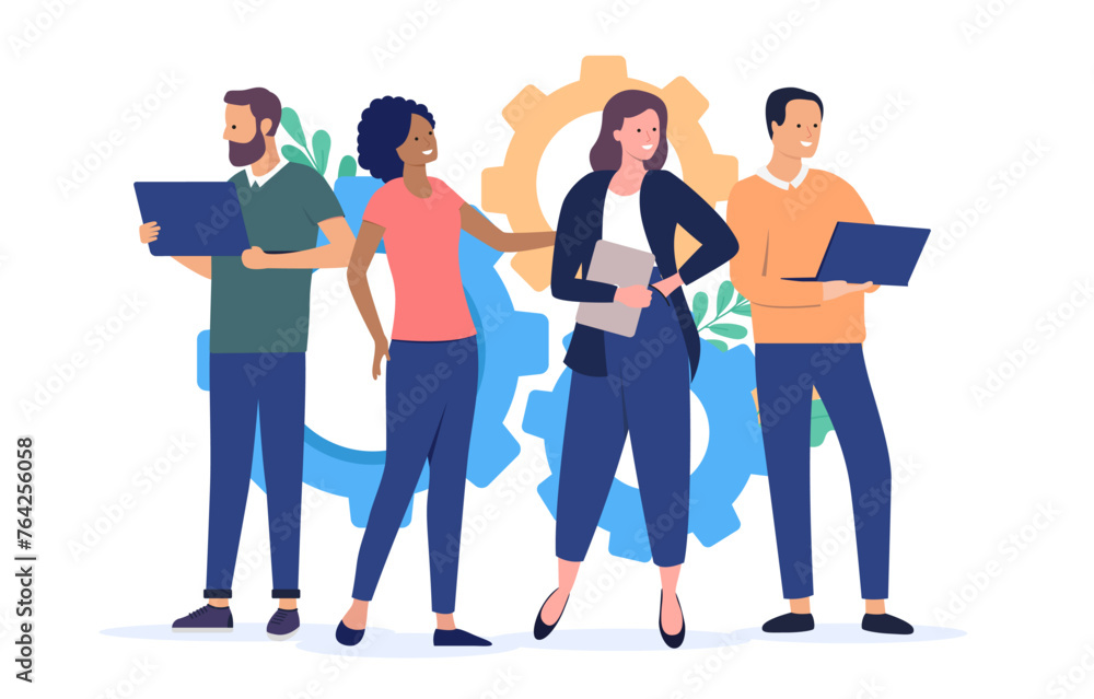 Poster Teamwork business people - Group of four diverse businesspeople in casual clothes standing in front of cog wheels. Problem solving and project process concept in flat design vector illustration
