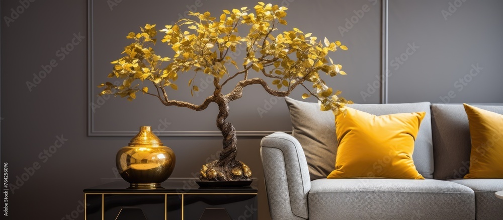 Poster a close-up view of a comfortable sofa with a decorative vase placed on a stylish table in a living r