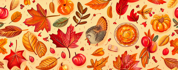 A painting showcasing vibrant autumn leaves in shades of red, orange, and yellow, interspersed with ripe apples on branches. Scene captures the essence of bountiful fall harvest. Banner. Copy space
