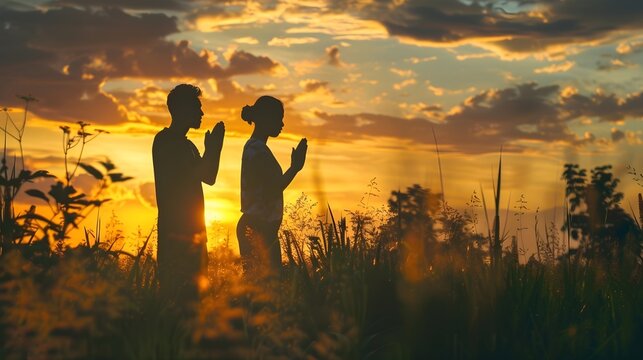 Religious couple praying to God outdoor at sunset. Christian religion concept background