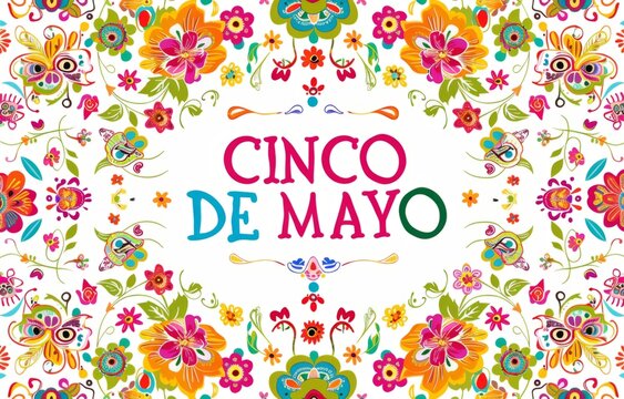 Cinco de Mayo celebration banner with text "CINCO DE MAYO" in the middle of the frame decorated in the style of Mexican elements like skulls and flowers with bright colors Generative AI