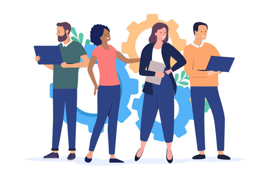 Teamwork business people - Group of four diverse businesspeople in casual clothes standing in front of cog wheels. Problem solving and project process concept in flat design vector illustration