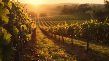 Golden sunlight over vineyard rows at sunset. Warm, glowing landscape - obrazy, fototapety, plakaty