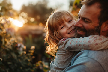 Fototapeta premium A happy family enjoys a day outdoors in the park. The father carries his daughter on his back while the mother walks beside them, all sharing a moment of togetherness and joy.