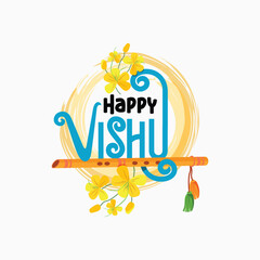 Happy Vishu Typography Design with Flower and Flute