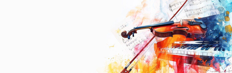 A realistic painting depicting a violin and a piano side by side. The intricate details of both musical instruments are captured with precision. Banner. Copy space - obrazy, fototapety, plakaty