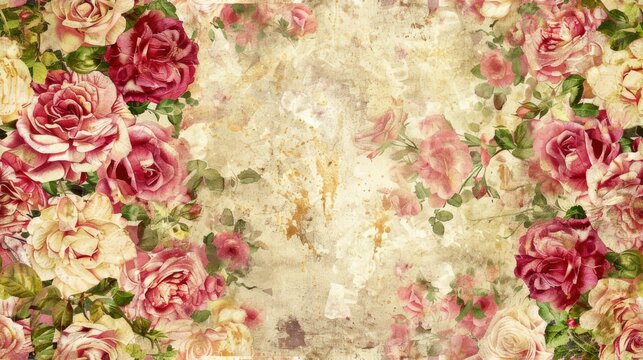 a wall adorned with pink, white, or red roses in tabletop photography style, featuring layered sizes, pure colors, and a seamless background in light yellow and dark pink hues. SEAMLESS PATTERN