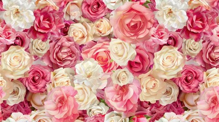 a wall adorned with pink, white, or red roses in tabletop photography style, featuring layered sizes, pure colors, and a seamless background in light yellow and dark pink hues. SEAMLESS PATTERN