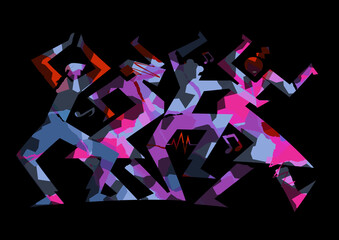 
Young party people, disco dancing, modern dance.
 Expressive modern illustration of four dancing people on black  background. 