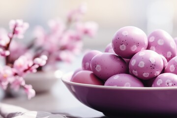 Plate with painted pink Easter eggs on light background