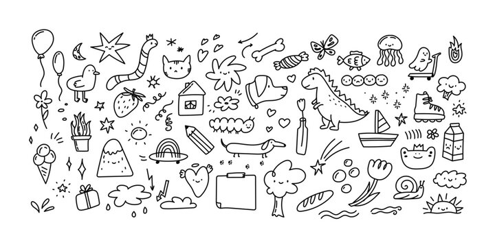 Hand drawn doodle outline elements set in kids scribble style. Trendy squiggle hand-drawn sketch line vector illustration