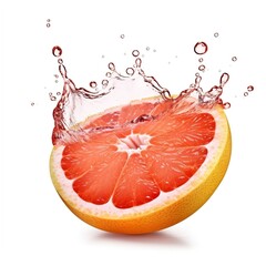 Slice of Grapefruit with dripping juice and splash isolated on a white background.