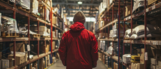 Obraz premium Male warehouse worker working in logistic commercial storage interior retail goods boxes supply. Man storehouse employee manager at work, distribution, industrial sorting and delivery.