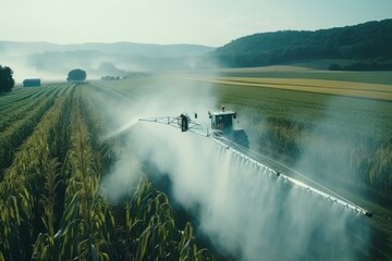 Aerial view of a Tractor fertilizing a cultivated agricultural field. Taking care of the Crop.