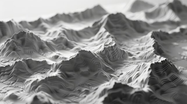 Detailed rendering of mountain landscape in grayscale.