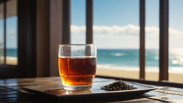 Glass cup of black tea and tea leaves in a seaside hut, summer afternoon sunshine.