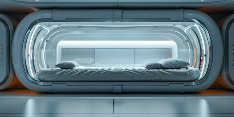 Sci Fi futuristic glass sleep capsule.