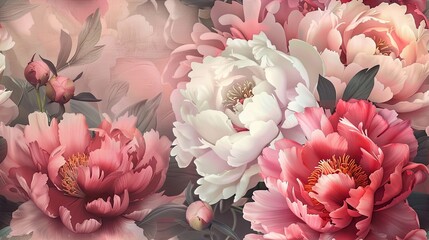 a wall adorned with vibrant pink, white, or red peonies, showcasing buds and flowers of multi-layer sizes, radiating pure color. SEAMLESS PATTERN