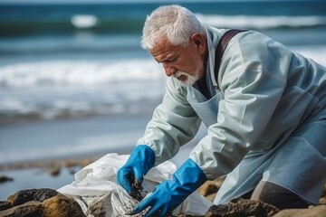 A man collects garbage from the coast on the beach. Ecology concept. The problem of ocean pollution