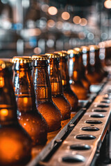 Fototapeta na wymiar A row of beer bottles on a conveyor belt