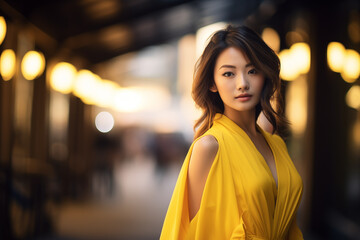 Mulher japonesa de vestido amarelo na cidade  - obrazy, fototapety, plakaty