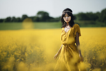 Mulher de vestido amarelo no campo florido  - obrazy, fototapety, plakaty