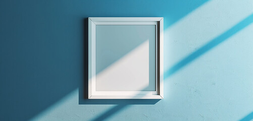A minimalist white frame mockup hanging on a solid blue wall, casting a subtle shadow below,...
