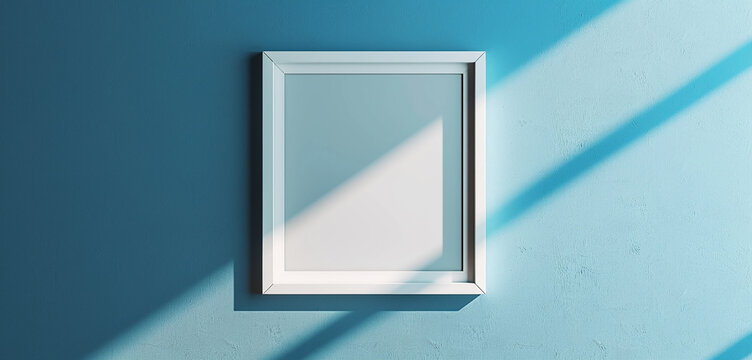 A minimalist white frame mockup hanging on a solid blue wall, casting a subtle shadow below, capturing the essence of simplicity and elegance.